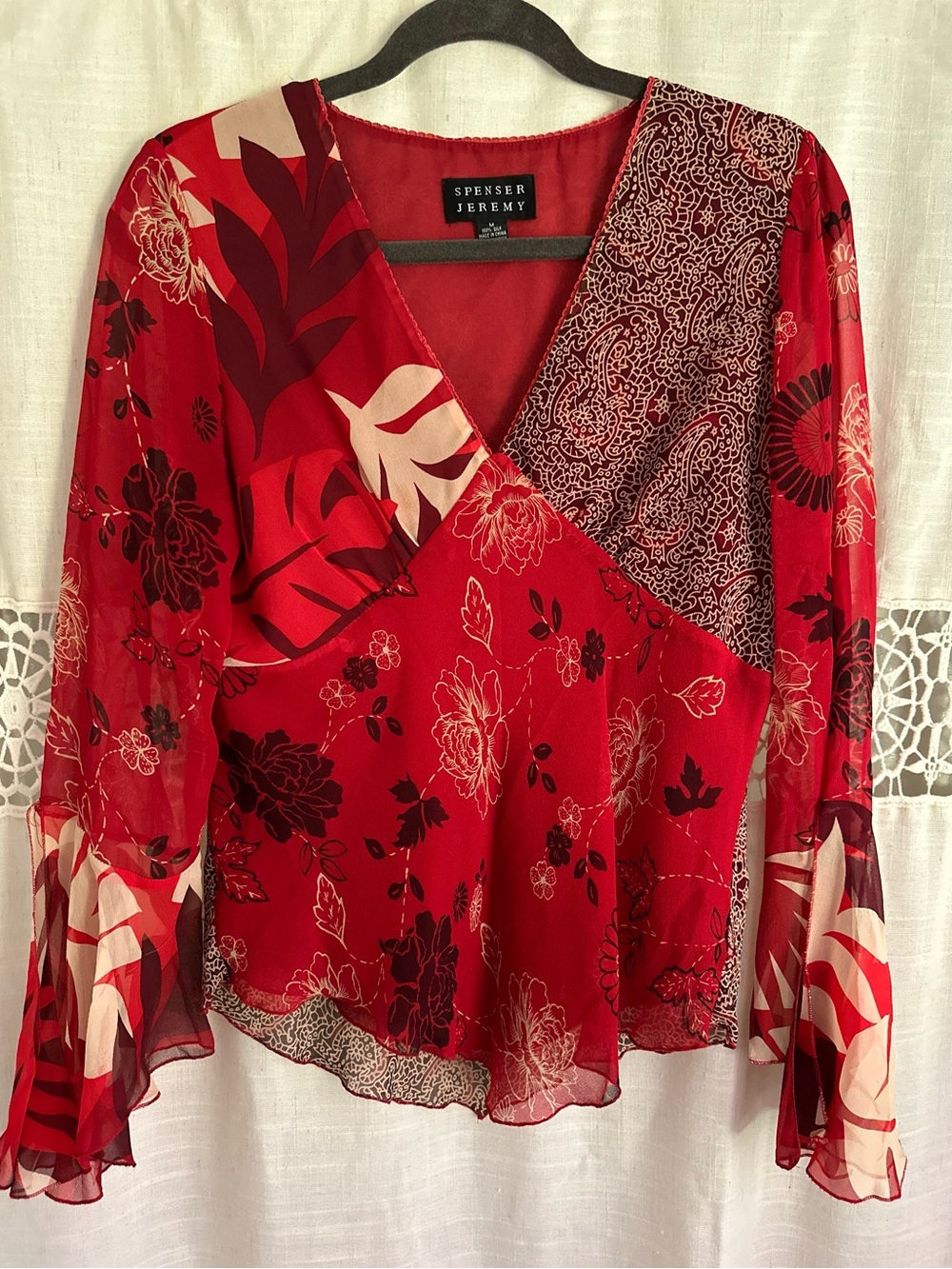 Spenser Jeremy Red Mixed-Print Wrap Blouse